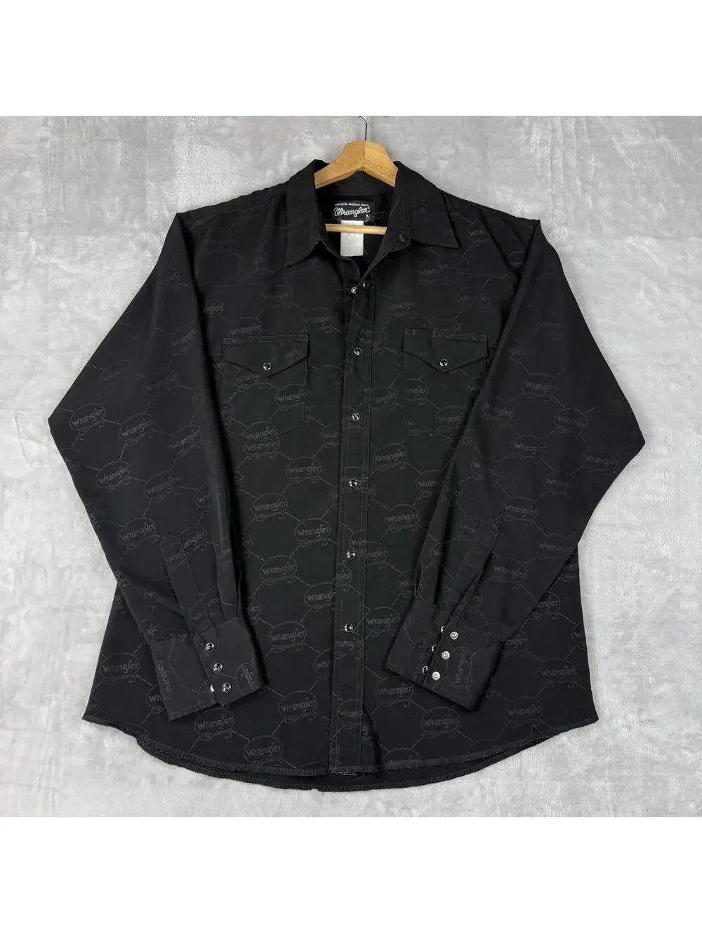 VTG Wrangler Western Preal Snap Shirt Men XL Black Multi Logo Print Cowboy Rodeo - Picture 2 of 9